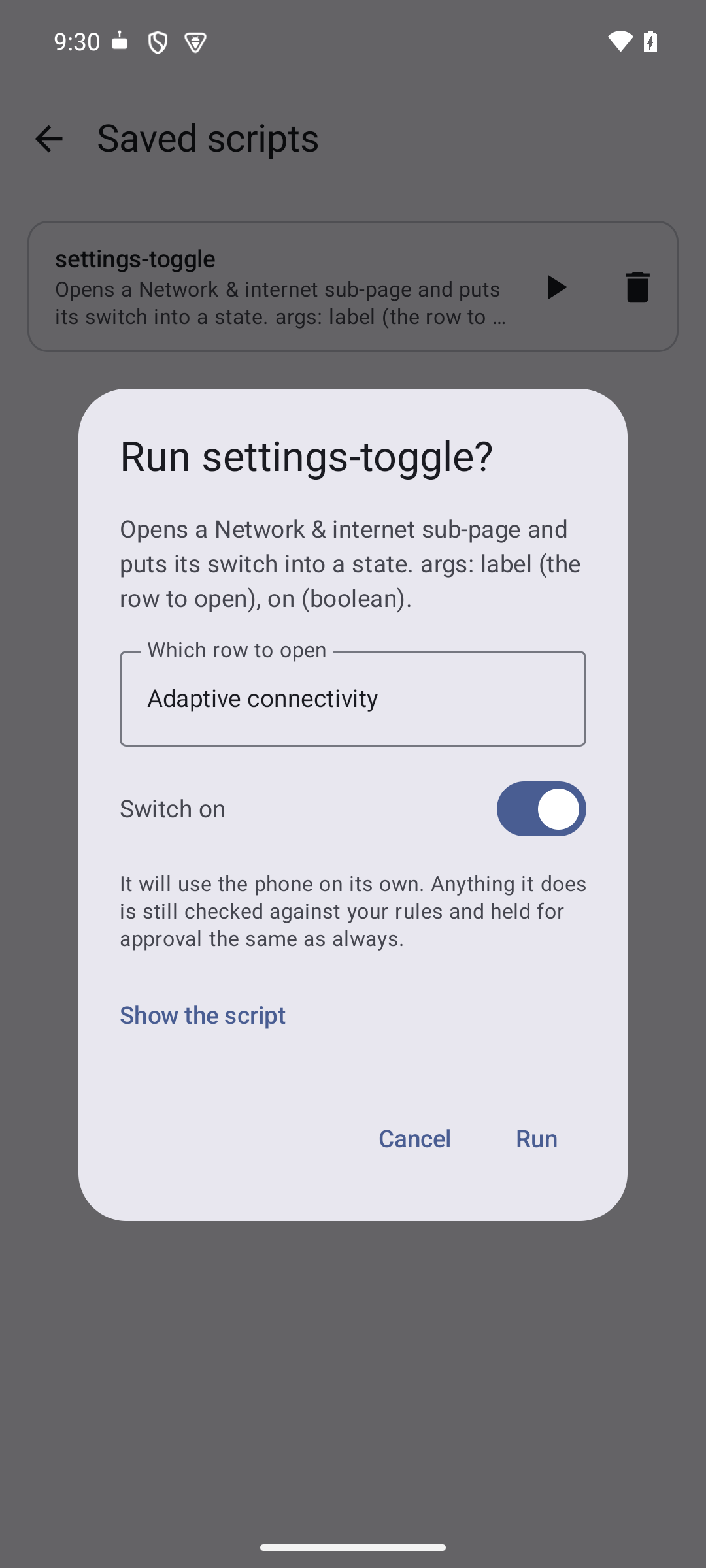 A dialog headed Run settings-toggle, with a text field
    labelled Which row to open and a switch labelled Switch on.